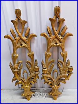 Vintage Ornate Wood Carved Wall Candle Holders Italian Style Baroque Gold Leaf