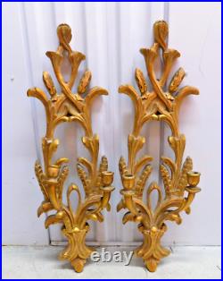 Vintage Ornate Wood Carved Wall Candle Holders Italian Style Baroque Gold Leaf