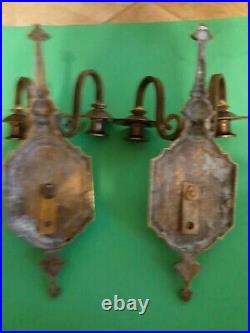 Vintage PAIR 2 Arm Wall Mount Sconce Brass Candle holders Colonial Victorian