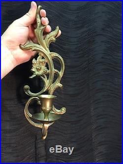 Vintage PAIR of Solid Brass Flower Wall Sconces Candle Holder Sconces 11H
