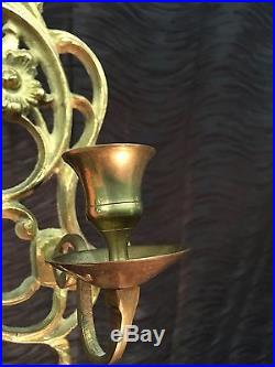 Vintage PAIR of Solid Brass Flower Wall Sconces Candle Holder Sconces 11H