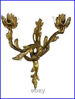 Vintage Pair 2 Arm Solid Brass Wall Sconce Candelabra in the Style of Louis XV