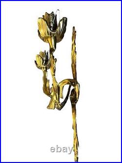 Vintage Pair 2 Arm Solid Brass Wall Sconce Candelabra in the Style of Louis XV