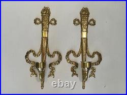 Vintage Pair Bombay Brass Wall Sconces Torch & Ribbon Candle Holders withShade