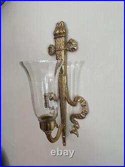 Vintage Pair Bombay Brass Wall Sconces Torch & Ribbon Candle Holders withShade