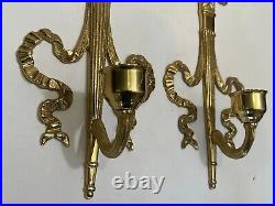 Vintage Pair Bombay Brass Wall Sconces Torch & Ribbon Candle Holders withShade