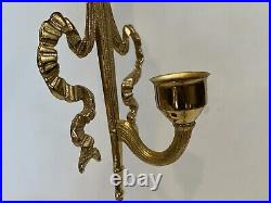 Vintage Pair Bombay Brass Wall Sconces Torch & Ribbon Candle Holders withShade