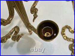Vintage Pair Bombay Brass Wall Sconces Torch & Ribbon Candle Holders withShade