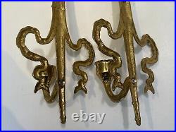 Vintage Pair Bombay Brass Wall Sconces Torch & Ribbon Candle Holders withShade