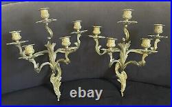 Vintage Pair Brass Baroque Revival 5 Arm Wall Sconces Candelabra Candle Holder