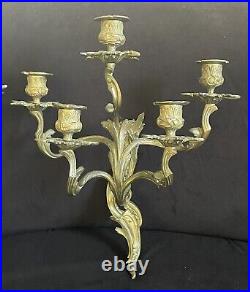 Vintage Pair Brass Baroque Revival 5 Arm Wall Sconces Candelabra Candle Holder