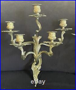 Vintage Pair Brass Baroque Revival 5 Arm Wall Sconces Candelabra Candle Holder