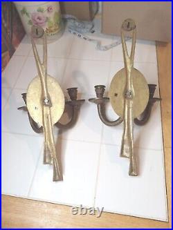 Vintage Pair Brass Candle Holders Wall Gold Double Sconce Rococo Castle Style