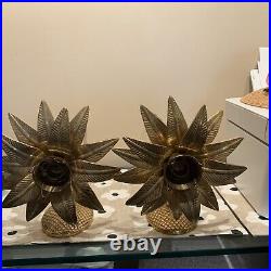 Vintage Pair Brass Pineapple Palm Tree Candle Wall Sconces Hollywood Regency 16