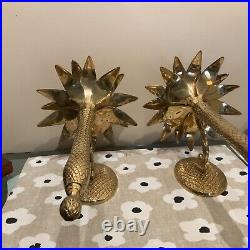 Vintage Pair Brass Pineapple Palm Tree Candle Wall Sconces Hollywood Regency 16