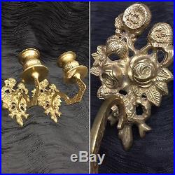 Vintage Pair Brass ROSES Candelabra Wall Sconces Candle Holders Flowers