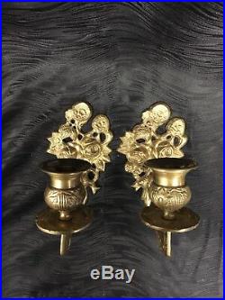 Vintage Pair Brass ROSES Candelabra Wall Sconces Candle Holders Flowers