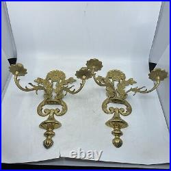 Vintage Pair Brass Wall Sconce Candle Holders 2 Arm