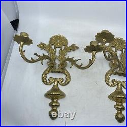 Vintage Pair Brass Wall Sconce Candle Holders 2 Arm