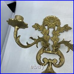 Vintage Pair Brass Wall Sconce Candle Holders 2 Arm