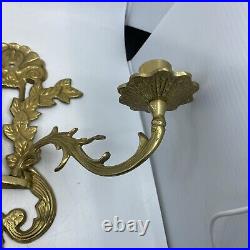 Vintage Pair Brass Wall Sconce Candle Holders 2 Arm