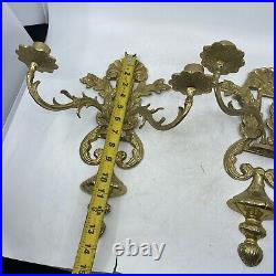 Vintage Pair Brass Wall Sconce Candle Holders 2 Arm