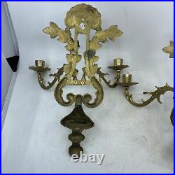 Vintage Pair Brass Wall Sconce Candle Holders 2 Arm