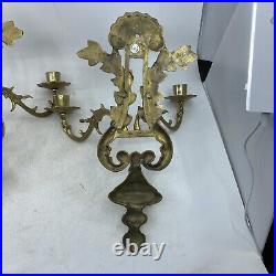 Vintage Pair Brass Wall Sconce Candle Holders 2 Arm