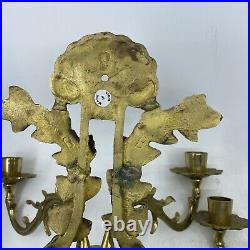 Vintage Pair Brass Wall Sconce Candle Holders 2 Arm