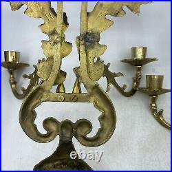 Vintage Pair Brass Wall Sconce Candle Holders 2 Arm