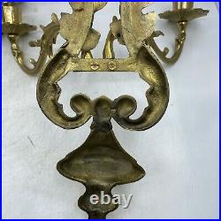 Vintage Pair Brass Wall Sconce Candle Holders 2 Arm