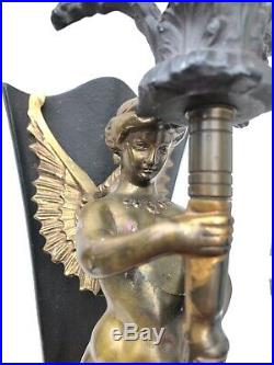 Vintage Pair Brass Wall Sconces Candle Holders Winged Mermaid Nude Lady 3 Arms