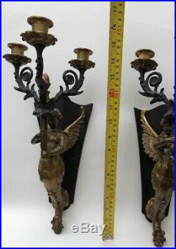 Vintage Pair Brass Wall Sconces Candle Holders Winged Mermaid Nude Lady 3 Arms