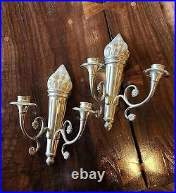 Vintage Pair Brass Wall Torch Sconce Candle Holders Candelabras MCM 12