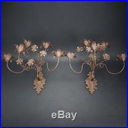 Vintage Pair Cast Iron Wall Sconces with 5 Candle Holders ea. Ornate Floral Design