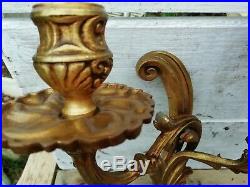 Vintage Pair French Ornate Gold Gilt Double Wall Candle Sconces Holders