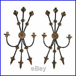 Vintage Pair Gothic Cast Iron & Gilt Candle Sconces Wall Hanging Candle Holders