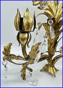 Vintage Pair Italian Gold Gilt Tole Wall Sconce 2 Arm Hollywood Regency Crystals