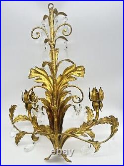 Vintage Pair Italian Gold Gilt Tole Wall Sconce 2 Arm Hollywood Regency Crystals