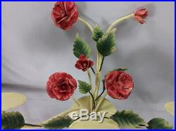 Vintage Pair Italian Tole 3 Arm Large Candle Wall Sconces Shabby Chic Red Roses