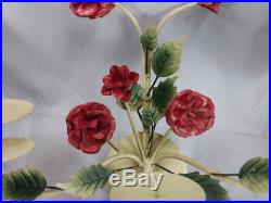 Vintage Pair Italian Tole 3 Arm Large Candle Wall Sconces Shabby Chic Red Roses