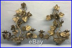 Vintage Pair Italian Tole Gilt Grape Vine Double Candle Holders Wall Sconce 14