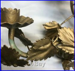 Vintage Pair Italian Tole Gilt Grape Vine Double Candle Holders Wall Sconce 14