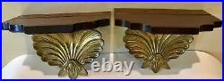 Vintage Pair Mahogany and Brass Shell Mid Century Wall Sconce Shelf