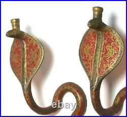 Vintage Pair Mid-Century Brass Cobra Snake Candle Wall Sconces Red Etched