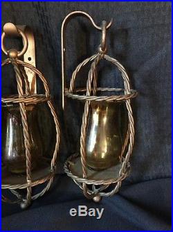 Vintage Pair Mid Century Ornate Heavy Metal Wall Sconces Candle Holders