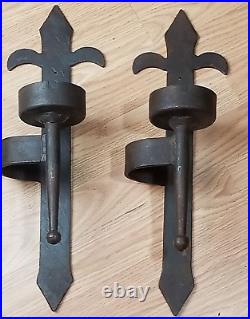 Vintage Pair Of Black Gothic Wrought Iron Wall Candle Holders 17.5 Each