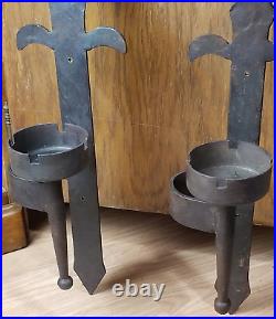Vintage Pair Of Black Gothic Wrought Iron Wall Candle Holders 17.5 Each