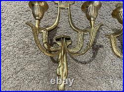 Vintage Pair Of Brass Double Candle Holder Sconces Wall Hanging Made In India