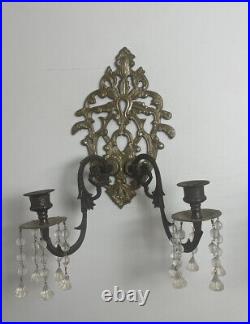 Vintage Pair Of Heavy Brass Bronze Candle Holder Wall Sconces Hanging Crystals